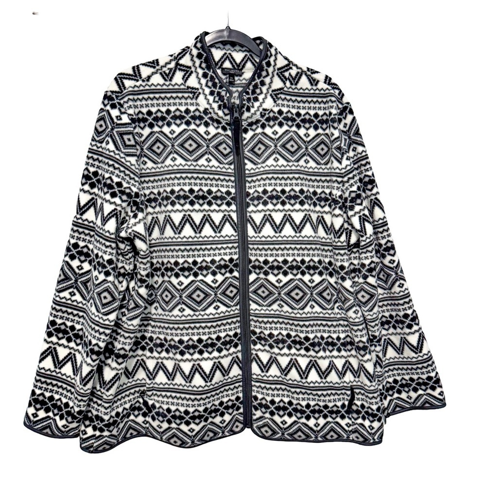 Talbots Womens 2X Black White Fair Isle Fleece Zip Jacket Geometric Nordic New - Picture 2 of 13